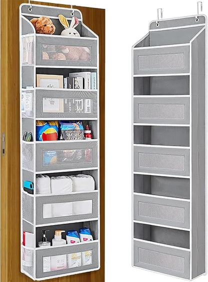 Over the Door Organizer with 5 Front Pockets and 5 Mesh Side Pockets,Extra Large Hanging Organizer for Over the Door Storage in Bedroom, Bathroom, Pantry, Nursery (Grey)