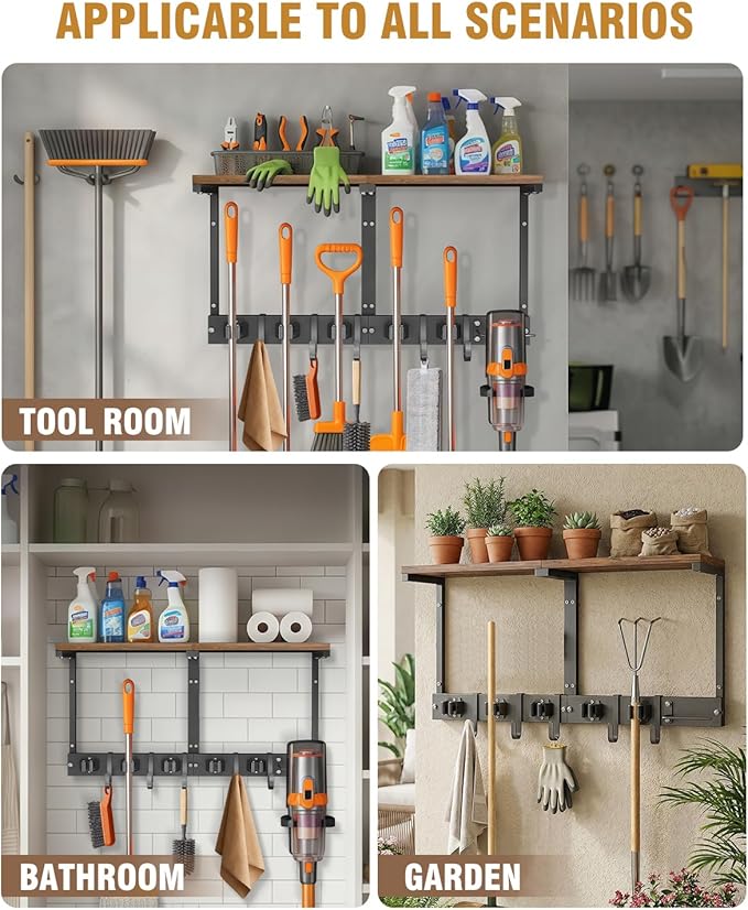Supforce Broom Holder Wall Mount with Top Wooden Shelf, Heavy Duty Metal Cleaning Supplies Broom Hanger with Vacuum Organizer and 5 Slots & 5 Hooks for Laundry Garage Tool Storage Kitchen (Large)