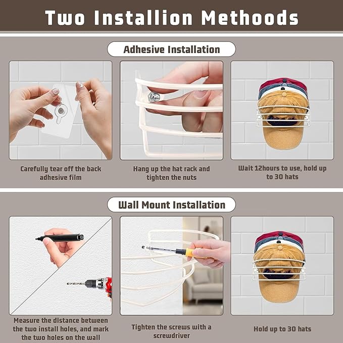 Fikoksol Hat Organizer for Baseball Caps, 2-Pack Beige White Metal Hat Rack for Wall Door, Adhesive/Wall Mounted Hat Storage Holder Small Closet Organizers and Storage Solution Ideas