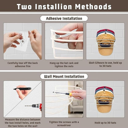 Fikoksol Hat Organizer for Baseball Caps, 2-Pack Beige White Metal Hat Rack for Wall Door, Adhesive/Wall Mounted Hat Storage Holder Small Closet Organizers and Storage Solution Ideas