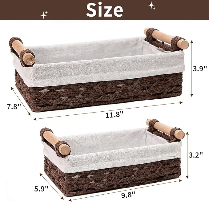 Storage Basket Wicker Baskets for Organizing, Storage Bins for Countertop & Toilet Paper, Toilet Tank Top Organizer (Set of 2, Dark-Brown)