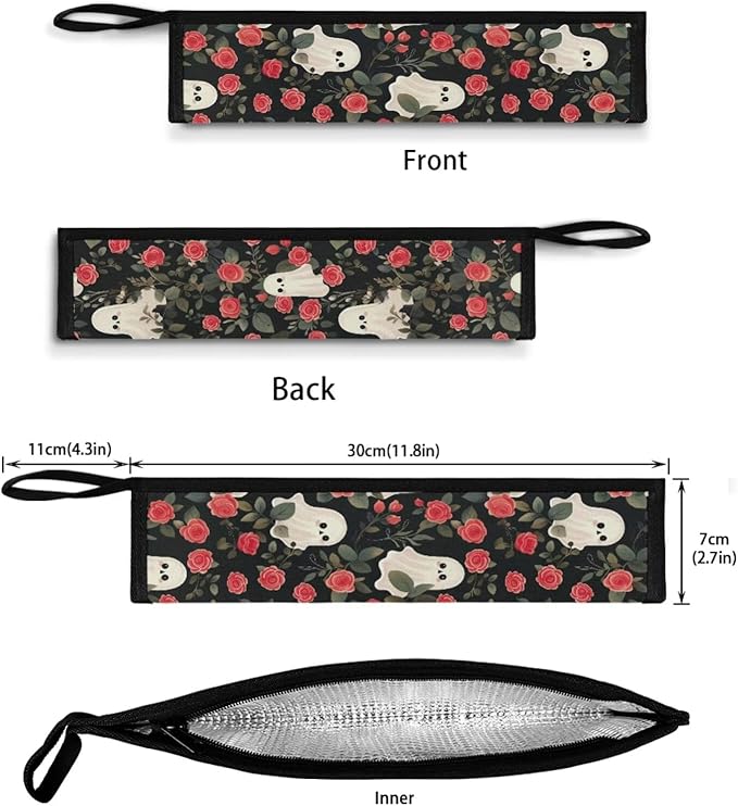 COEQINE Vintage Rose Ghost Portable Utensils Case Cute Pink Flower Fashion Silver Storage Case Tableware Case With Handles,Machine Washable Fit 11.8 x 2.7