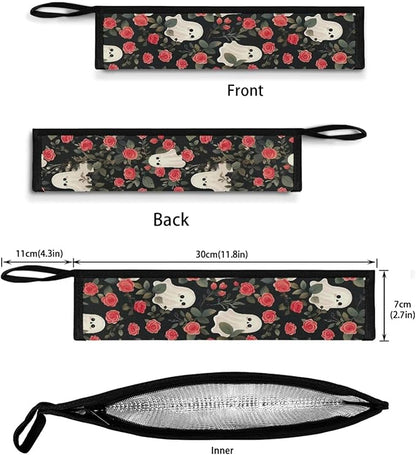 COEQINE Vintage Rose Ghost Portable Utensils Case Cute Pink Flower Fashion Silver Storage Case Tableware Case With Handles,Machine Washable Fit 11.8 x 2.7