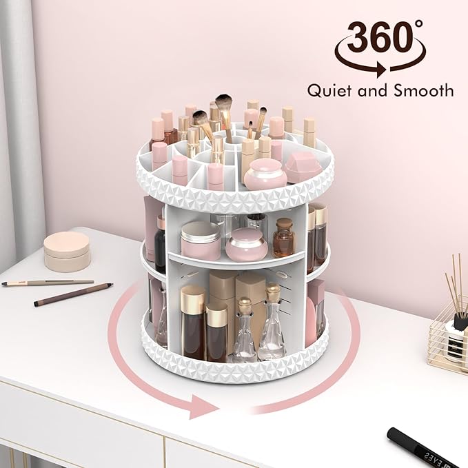 Rotating Makeup Organizer, Adjustable Vanity Organizer, Large Capacity Cosmetic Display Case for Spinning, Storage Carousel for Bathroom and Vanity Countertop, Diamond Pattern, Large, White