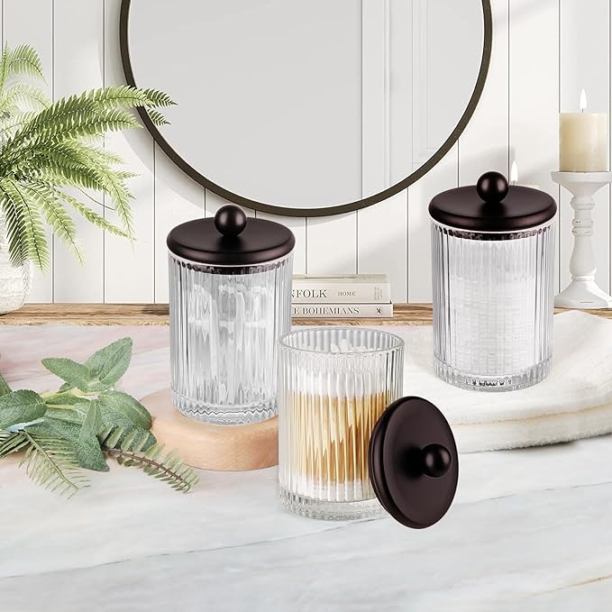 3Pack Glass Qtip Holder Dispenser Set - Bathroom Canister Storage Organizer for Cotton Balls, Swabs, Floss Picks, and Makeup Sponges with Matte Black Metal Lid - Clear Vanity Apothecary Jars