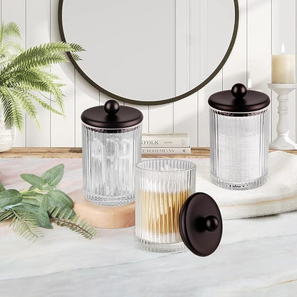 3Pack Glass Qtip Holder Dispenser Set - Bathroom Canister Storage Organizer for Cotton Balls, Swabs, Floss Picks, and Makeup Sponges with Matte Black Metal Lid - Clear Vanity Apothecary Jars