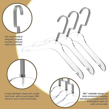 Quality Hangers 5 Pack 12.5 Inches Kids Size Acrylic Hangers – Crystal Clear Hangers for Kids Clothes 7-10 Years Old with Wide Matte Silver Metallic Hook - Acrylic Children Shirt Suit Coat Hanger
