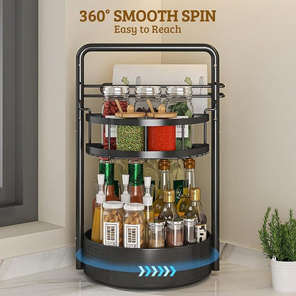 Rotating Spice Rack with Paper Towel Holder, 2 Tier Turntable Lazy Susan, Seasoning Organizer for Kitchen Countertop Cabinet, Black