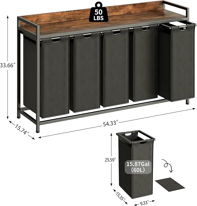 Herture Laundry Hamper with Shelf, Laundry Basket 5 Section, Laundry Sorter with Pull-Out Removable Large Bags and Movable Wheels, Metal Frame, 5 x 15.87 Gallons (60L), Rustic Brown + Black PF08XLY