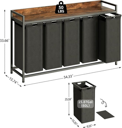 Herture Laundry Hamper with Shelf, Laundry Basket 5 Section, Laundry Sorter with Pull-Out Removable Large Bags and Movable Wheels, Metal Frame, 5 x 15.87 Gallons (60L), Rustic Brown + Black PF08XLY