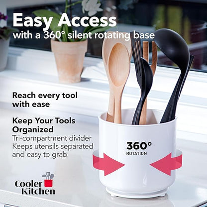 Cooler Kitchen Jumbo XL Rotating White Plastic Utensil Holder Caddy with Sturdy No-Tip Weighted Base, Removable Divider, and Gripped Insert - Dishwasher Safe Kitchen Utensil Holder for Countertop