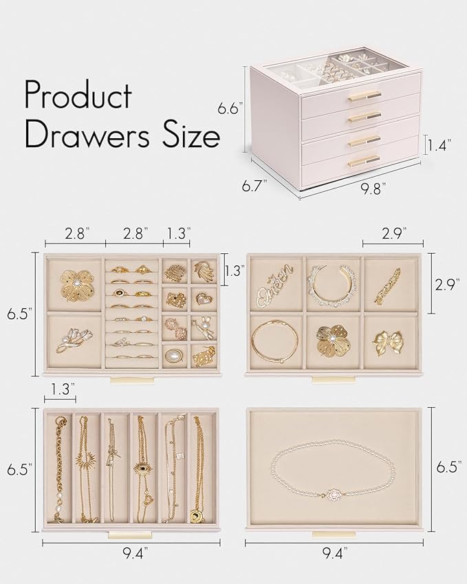 VLANDO 4 Layer Jewelry Box for Women, Glass Lid Jewelry Organizer with 4 Drawers for Necklaces Rings Earrings Bracelets - Light Pink