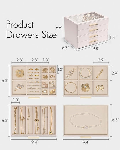 VLANDO 4 Layer Jewelry Box for Women, Glass Lid Jewelry Organizer with 4 Drawers for Necklaces Rings Earrings Bracelets - Light Pink