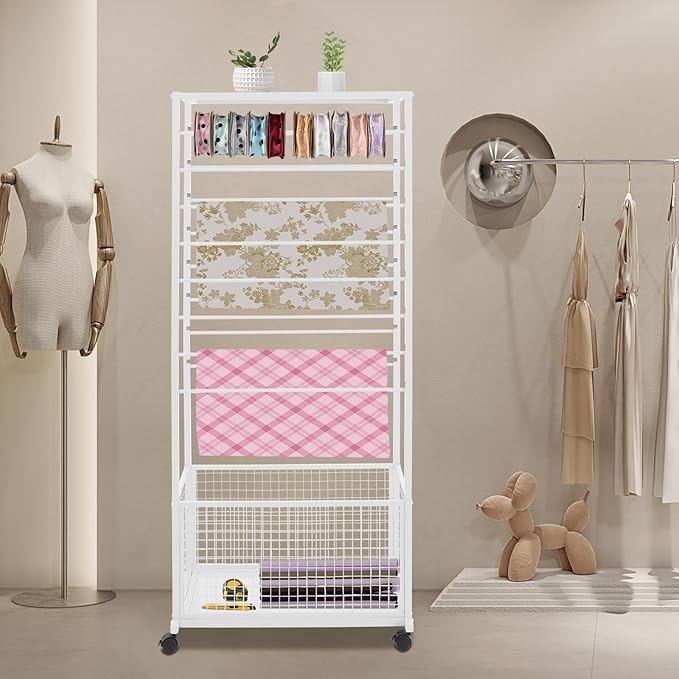 Ribbon Holder Organizer Rack,Double-Sided 16-TierRibbon Display Stand with Storage Basket and Wheels,Multifunctional Flower Wrapping Paper Storage Stand,for Flower Shops, Craft Rooms (White)