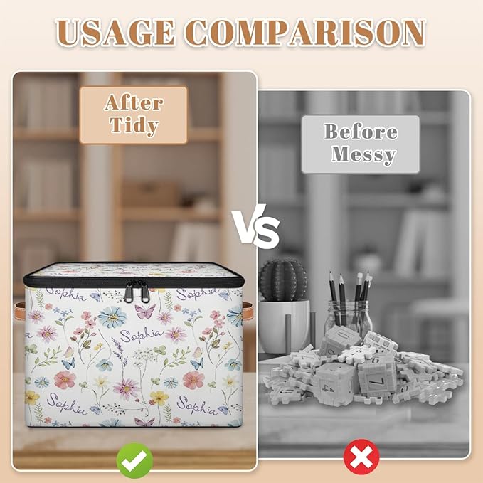 Custom Watercolor Flower Storage Bins with Lid, Foldable Personalized Storage Basket Boxes with Handle Shelf Basket Closet Organizer Cube