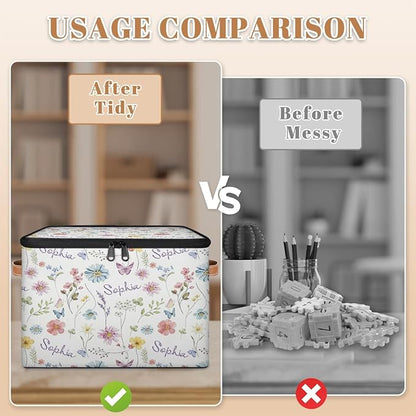 Custom Watercolor Flower Storage Bins with Lid, Foldable Personalized Storage Basket Boxes with Handle Shelf Basket Closet Organizer Cube