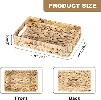Bathroom Vanity Tray, Water Hyacinth Narrow Counter Tray with Handles, Decorative Woven Organizer Trays for Toilet Tank, Shelves, Farmhouse Hand Towels Basket Holder for Storage (Small)