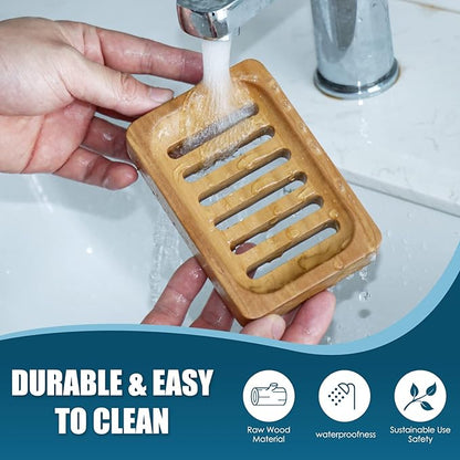 DEBETOOL Teak Wood Soap Dish, 2 Pack Waterproof Self Draining Soap Dish - Natural Wooden Bar Soap Holder for Bathroom and Kitchen