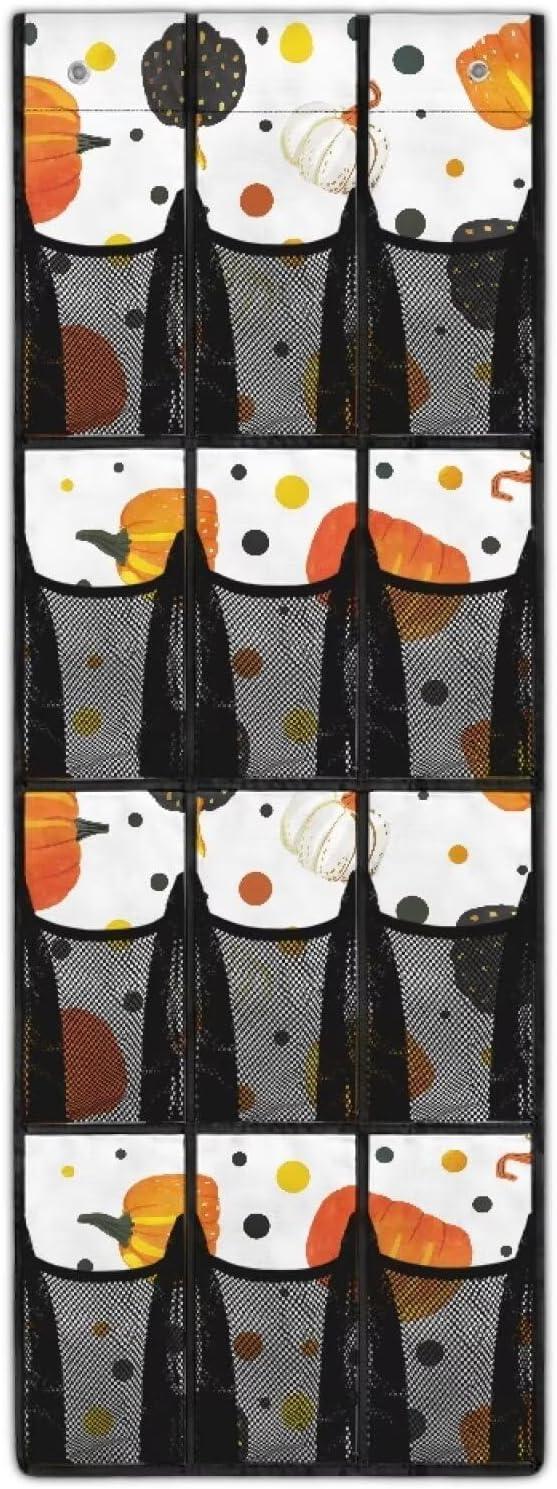 Pumpkin Door Hanging Shoe Organizer for Thanksgiving Day Home Decor Mesh Fabric Shoe Organizer Over The Door for Living Room,4 Metal Hook with 12 Pockets