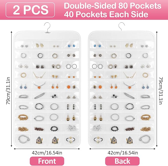 2 Pack Hanging Jewelry Organizer, 80 Clear Pockets earring organizer and storage, Accessories holder organizer for Closet, Jewelries, Necklace, Travel