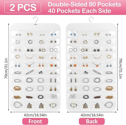 2 Pack Hanging Jewelry Organizer, 80 Clear Pockets earring organizer and storage, Accessories holder organizer for Closet, Jewelries, Necklace, Travel