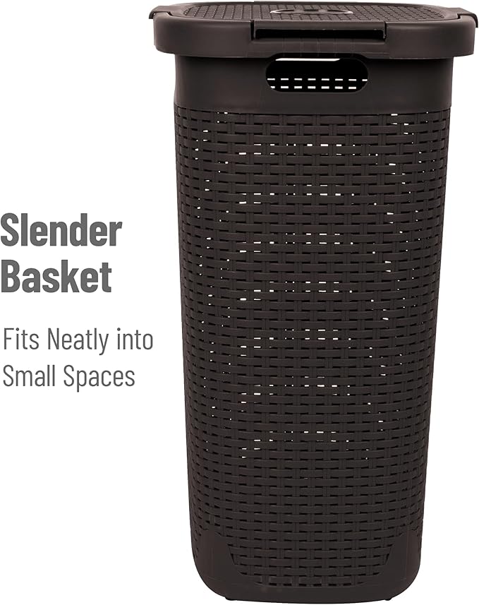 Mind Reader Slim Laundry Hamper with Lid, 60L Tall Clothes Basket, Narrow Tapered Design for Bathrooms, Closets and Laundry Rooms, Plastic, Brown