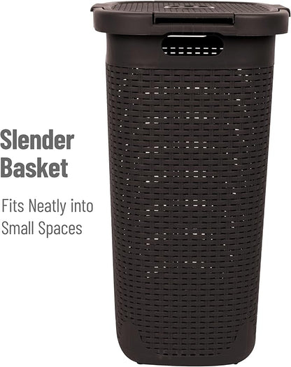 Mind Reader Slim Laundry Hamper with Lid, 60L Tall Clothes Basket, Narrow Tapered Design for Bathrooms, Closets and Laundry Rooms, Plastic, Brown