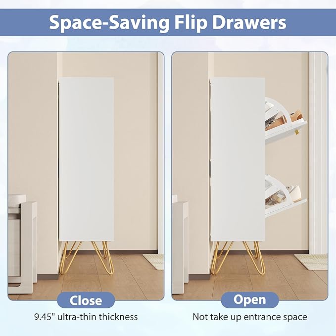 Shoe Cabinet with 2 Flip Drawers, Shoe Storage Cabinet Entryway Slim, White and Gold Narrow Shoe Cabinet w/Metal Legs, Hidden Freestanding Shoe Rack Organizer for Entryway, White