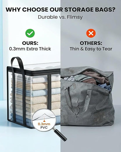 Large Heavy-Duty Thick Plastic Clear Storage Bag for Clothes - Foldable Clear Storage Tote with Reinforced Handles & Zipper for Moving, Dorm, Closet & Underbed Organization (Black,2pcs)
