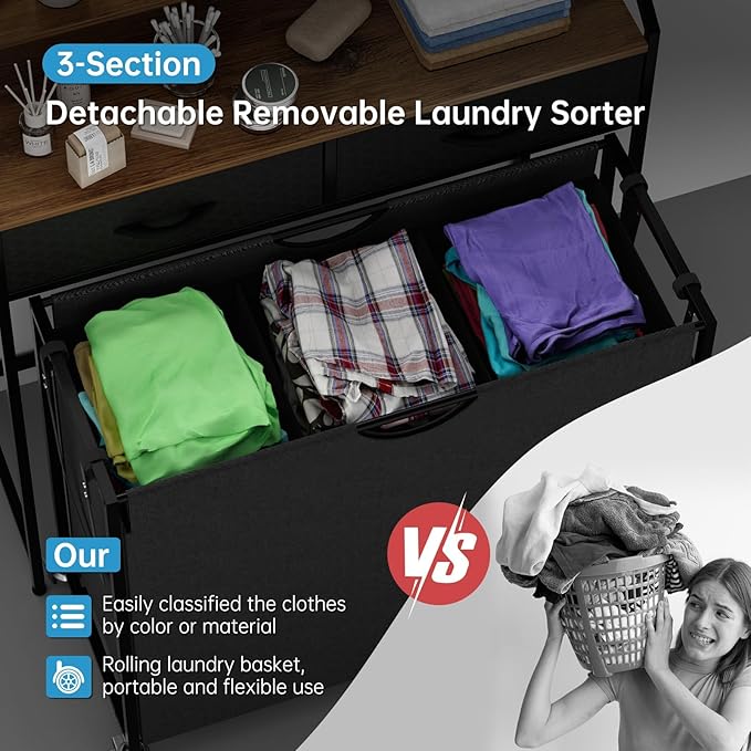 Laundry Sorter with 3 Section Pull Out Bags Rolling Laundry Basket Organizer with 2 Drawers Laundry Hamper with Shelves and Wheels for Laundry Room, Bathroom, Bedroom Organization(2 Tier)