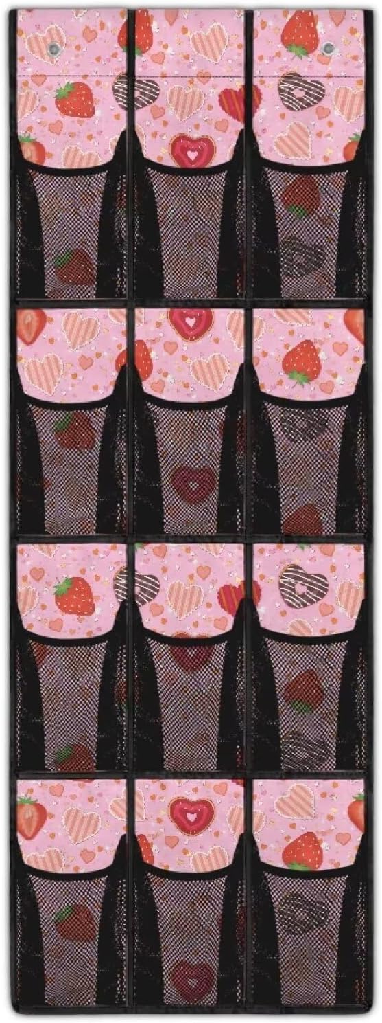 Pink Behind Door Organizer 12 Pockets Donuts Over The Door Shoe Organizer for Closet Space Saving Wall Hanging Storage Cookies Multi-Funtion Storage Bag