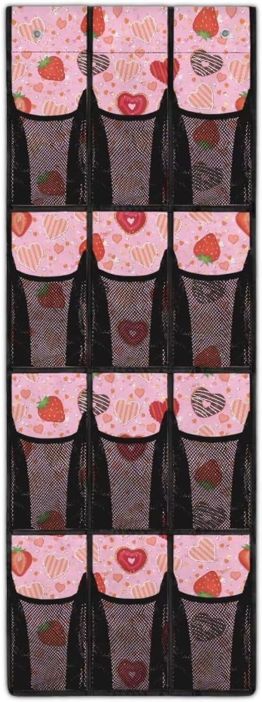Pink Behind Door Organizer 12 Pockets Donuts Over The Door Shoe Organizer for Closet Space Saving Wall Hanging Storage Cookies Multi-Funtion Storage Bag