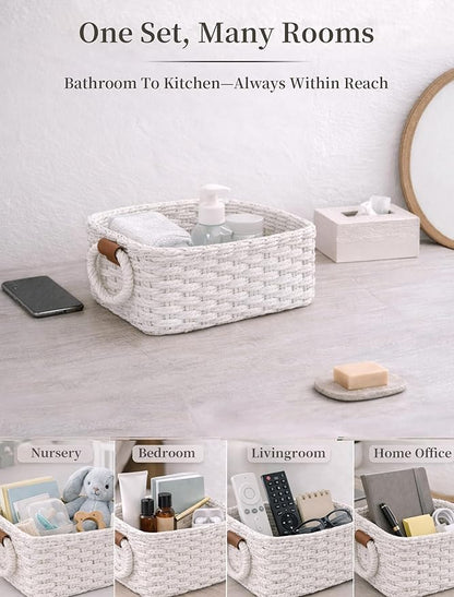 Storage Basket, Recycled Paper Rope Bathroom Basket Organizer, 3Pcs Small Baskets for Organizing, Mini wicker Basket for Decorative Storage Bins, Shelves, Bathroom, Cabinet - White