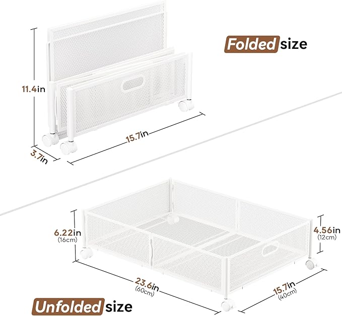 PHINOX Under Bed Storage with wheels, Under the Bed Storage Containers,Upgrade Crossed Iron Wire, Metal Rolling Underbed Storage Containers for Bedroom Clothes Shoes Blankets-2 Pack,White
