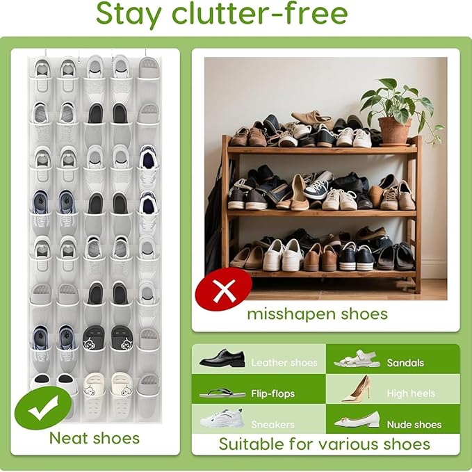 40 Over the Door Shoe Organizer Large Breathable Mesh Pocket Clear White Hanging Shoe Rack for Closet Behind Door Hanger Storage Holder 40-Pocket Over the Door Shoe Organizer