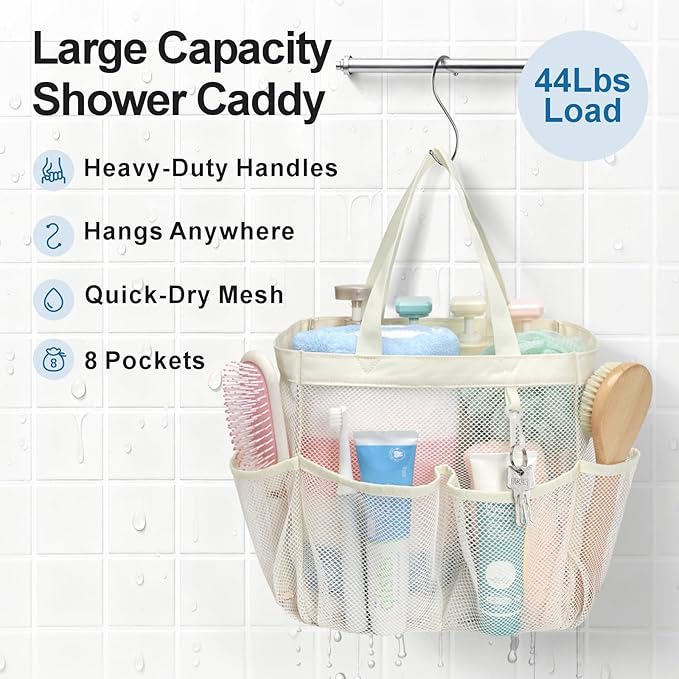 F-color Mesh Shower Caddy Portable, Upgrade Deeper 7 Pockets Shower Bag Basket Tote for College Dorm Room Toiletry Bathroom Essentials Gym Camp Quick Dry 2 handles with S Hook, Butter White