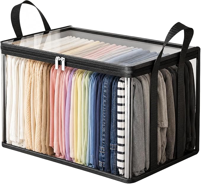 Large Heavy-Duty Thick Plastic Clear Storage Bag for Clothes - Foldable Clear Storage Tote with Reinforced Handles & Zipper for Moving, Dorm, Closet & Underbed Organization (Black,1pcs)