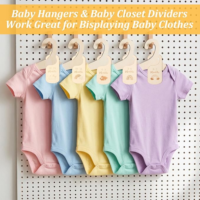 7 PCS Wooden Baby Hangers Set Wood Newborn Hanger with 7 PCS Baby Closet Dividers 9 Inch Non-Slip Coat Hangers Cute Toddler Kids Clothes Hanger for Kids Clothes Coats Suits Pants Jackets