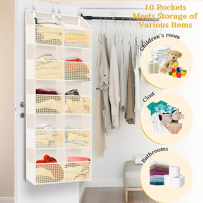 Over The Door Organizer 5 Tiers, Extra Large Behind Door Storage of 10 Compartments, 80 lbs Weight Capacity Hanging Storage Organizer with Clear Window Kids Toys, Shoes,Diapers, Braided Style