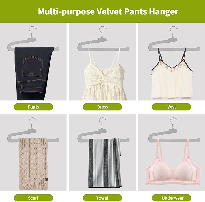ManGotree Non Slip Velvet Pants Hangers, Open Ended Felt Jean Hangers for Closet Organizer, Heavy Duty Space Saving for Trousers, Slacks, Shorts, Dress, Scarf (10 Pack, Grey)