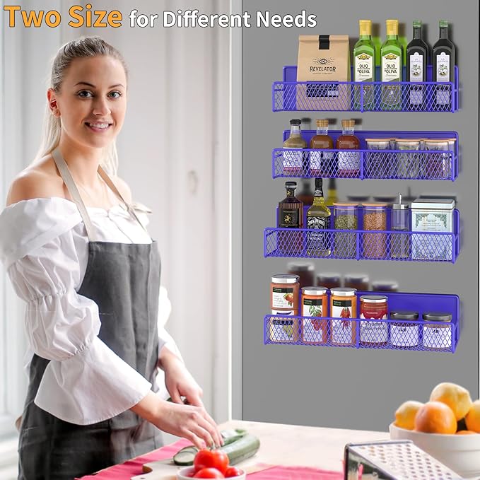 DTUQYX Magnetic Spice Rack for Refrigerator, 4 Pack 100% Metal Strong Magnet Fridge Shelves, Space Saving Spice Organizer, No Drilling Home Kitchen Laundry Room Storage Organization, Purple Blue