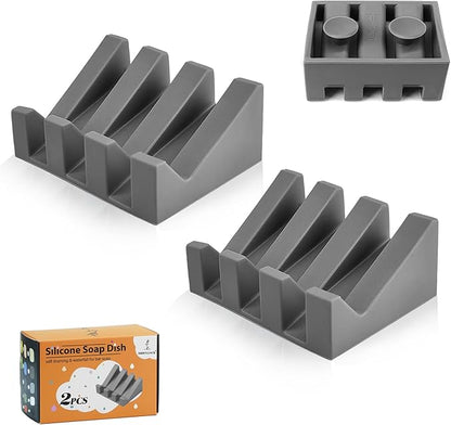 2 Pack Self Draining Silicone Soap Dish with Suction Cups - Non-Slip Bar Soap Holder for Shower & Kitchen, Waterfall Tray Keeps Soap Dry, Easy Clean, Extends Soap Life (Gray)