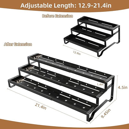 SANKEU Expandable Spice Rack Organizer for Cabinet 3 Tiered Metal Seasoning Organization with Guardrails Spice Shelf Storage for Jars Adjustable Length 13"-21" Black 2Pack