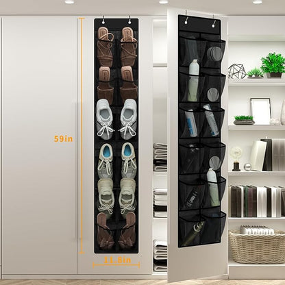 MSLOVE Narrow Over The Door Shoe Organizer, 12 Large Mesh Pockets Hanging Shoe Organizer for Closet Organizers and Storage, Black, 2 Pack