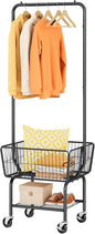 Tajsoon Laundry Cart with Hanging Rack, Metal Laundry Basket with Wheels, Laundry Hamper with Storage Basket and Shelf, Rolling Laundry Cart with Wheels, Black