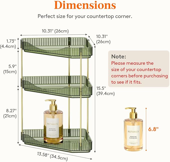 Lifewit 3-Tier Corner Bathroom Counter Organizer, Plastic Makeup Skincare Organizers Storage Countertop, Large Sink Cosmetic Perfume Shelf for Bedroom, Dresser, Kitchen, Vanity, Green, 39 cm/15inch(H)