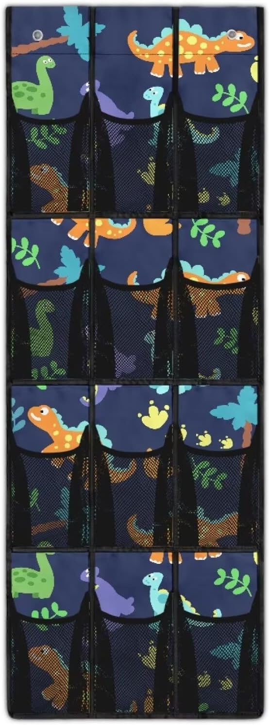 Over the Door Organizer with 12 Mesh Pockets, Space Saving Hanging Storage for Bedroom, Bathroom, Pantry, Clear View Window & Reinforced Mesh Pockets,Dinosaur