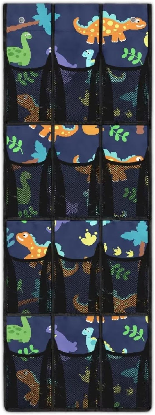 Over the Door Organizer with 12 Mesh Pockets, Space Saving Hanging Storage for Bedroom, Bathroom, Pantry, Clear View Window & Reinforced Mesh Pockets,Dinosaur