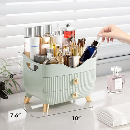 Makeup Organizer for Vanity, Large Capacity Skincare Cosmetic Organizer Countertop with 2 Drawers, Cosmetic Display Cases Makeup Storage Box for Bedroom, Bathroom, Ideal Gifts for Women(Green)