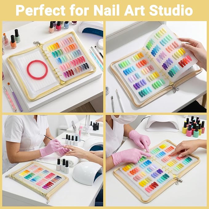 Segbeauty Nail Polish Display Storage with A5 Zipper Binder, Press on Nails Sample Swatches with 240 Fake Nail Tips, Nails Color Sample Book with Adhesive Tape, Manicure Salon Art Accessories, Yellow